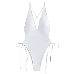 Women's Swimwear 2024 Leisure Summer V Neck One-Piece Swimsuit Tie Side High Cut Bathing Suit Sexy Women Bikini