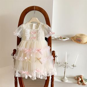 Lolita Girls ribbon Bows lace tulle dress INS kids gauze puff sleeve embroidery princess dress 2024 summer children's day party clothing Z7621