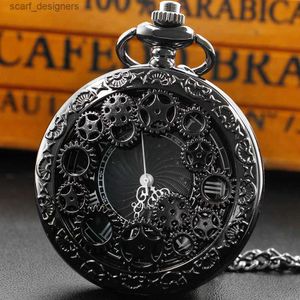 Pocket Watches Antique Black Gear Hollow Quartz Pocket Pendant Necklace Fob Mens Womens Gift Dropshipping reloj de bolsillo Y240410