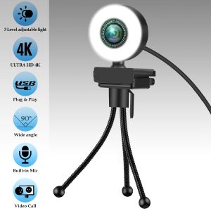 Web Kameraları Yeni 4K Webcam 2K Mikrofon LED ile Full HD Web Kamerası Dolgu Işık USB Web Kamerası YouTube için PC Bilgisayar Dizüstü Bilgisayar İçin Dönebilir
