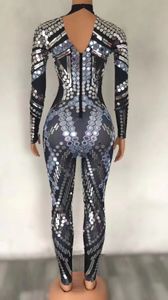 Silver lantejas espelho preto spandex macacão feminino dançarina baile cantora fantasia de aniversário show de aniversário