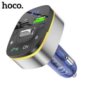 Chargers HOCO Transparent QC3.0 18W Car Charger AUX Bluetooth FM Transmitter USB Handsfree LED Display Ambient Light Cigarette Lighter