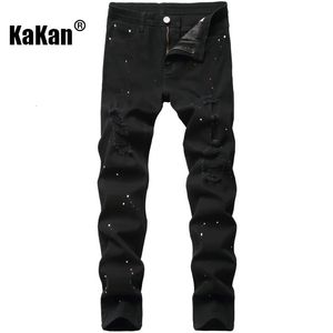 KAKAN - Jeans esticados pretos e magros e europeus e americanos, para homens pintados de perna curta Jeans Long K21- 240409