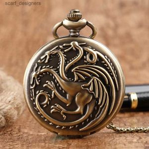 Pocket Watches Three-headed Dragon Quartz pocket Vintage Bronze Fire Monster necklace Vintage antique Y240410