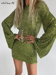 Casual Dresses Vintage Green Paillette Party Dress for Women Flare Sleeve High midje Mini Evening 2024 Black Solid Slim