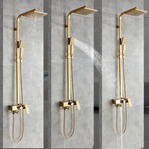 Rozin Golden Bathroom Shower Faucet Set Gold 8" Rainfall Shower Mixer Crane Wall Mounted with Hand Shower Bath Rain Column Tap