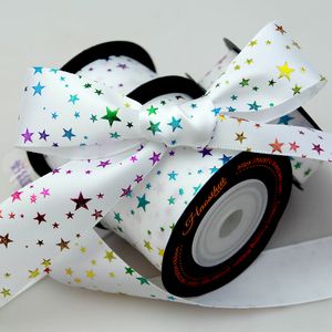 Haosihui 16 25 38 mm Estrelas de glitter coloridas impressas para fitas de cetim brancas para arcos de cabelo artesanato DIY Acessórios artesanais de 5 metros/lote