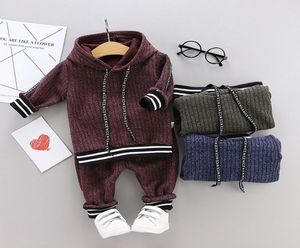 Kleinkindkinder Baby Jungen Kapuze warm Strick feste Kleidung Set Häkelpullover Long Hosen Boutique Tracksuit Kleidung Outfits Set Y20065916375