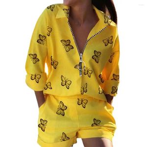 Le tute da donna per le tracce stampate con cerniera stampata a manica lunga camicia elegante shorts set con design in vita ad alta vita per donne morbide