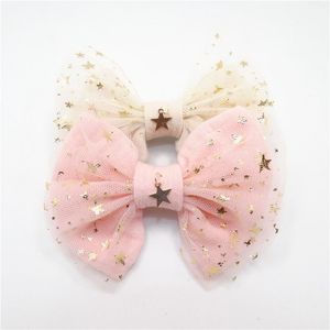 10pcs lot Fairy Girl Hair Bow Clip Gold Copper Star Pendant Light Pink Glitter Star Tulle Bow Knot Barrette Sweet Hairpin270f