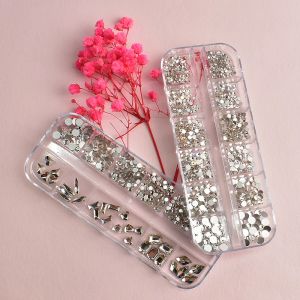 Decorations 12 Grid Box Crystal Nail Art Rhinestone Set Round Flat Glass Mixed Shape Mixed Size Fingernail DIY Decoration Accessories