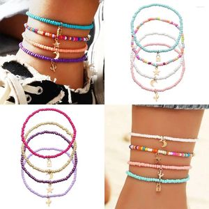 Anklets 4PCS/SET Elasticity Bohemian Anklet Cute Mixed Multilayer Star Moon Cactus Lock Pendant Casual