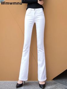 Womens White 80% Cotton Flare Denim Pants Moms Fomal Skinny Stretch Jeans Trend Candy Color Slim Cowboy Trousers OL Pantalones 240403