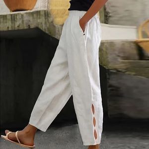 Vintage Fashion Solid Cotton and Linen Pants Women Spring Elastic Waist Pocket Button Trousers Summer Bottoming Hollow Out 240402