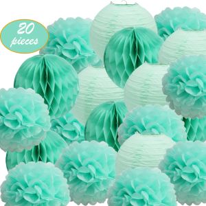 20 PCs Mint grüne Papierkugel Dekorationen Set Hanges Papier Wabenkugeln Gewebepoms und Laternen Minze Grüne Pastellhochzeit