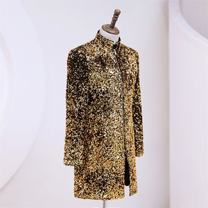 Herren Luxus Gold glänzend Long Blazer Jacke 2023 Brandstand Collar Reißverschlussanzug Jacke Männer Party Show Stufe Prom Sänger Kostüme