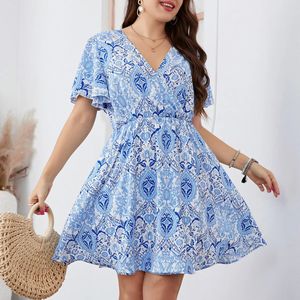 Plus Size V Neck Women Dress Short Ruffle ärmar Tryck Robe Aline Swing Summer Female Officelady Elegant Party Clothing 240410