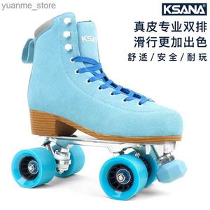 Inline Roller Skates High Quality Furred Leather Blue Roller Skates Shoes Patins Adult Men Women Quad 4 Wheels Skating Sliding Training Sneakers Y240410