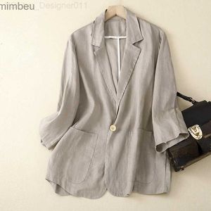 Kvinnors kostymer blazrar Nya ankomster Kvinnor Blazers Spring Autumn Casual Cotton Linen Jackor Vintage Solid Three Quarter Sleeve Blazer Thin Coats Womens C240410