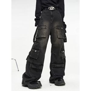 Style amerykańskie wielkie kieszonkowe dżinsy nogi męskie luźne ulicy Hiphop proste spodnie nogi trend 240410