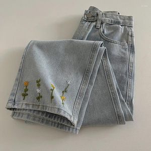 Women's Jeans Versatile Light Blue For Women Colorful Embroidery Floral Print High Waist Denim Pants Female Casual Commute Outfits