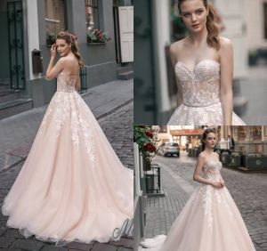 Pastels Colorful Wedding Dresses With Sequins Light Pink A-Line Lace Applique Sweetheart Bridal Gowns Sweep Train Wedding Dress