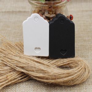 wholesale 5*3cm DIY Kraft /black /white cardboard blank card tag with heart hollow 100pcs +100 hemp string for gifts hang tag