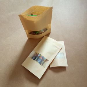 Bolsa de papel Kraft Kraft de 100pcs com zíper para presentes/comida/doces/festa/presente para presentes de ziplock com janelas