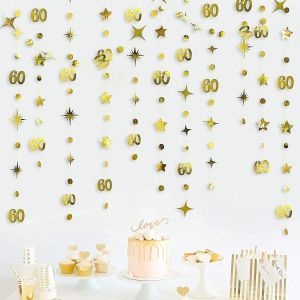 ROSE GOLD 60º Feliz Birster Banners Decoração Número 60 Circle Dot Star Garland Flâmicas de Stamers Solping Supplies Sixty Party