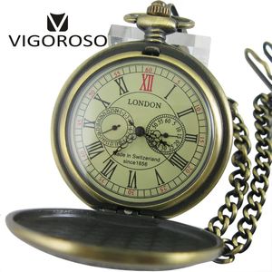 Luksusowe dwa subdialy mechaniczne kieszonkowe zegarek Ręka kręta brązowy stop z tyłu łańcucha fob vintage retro rzymski zegar liczbowy 240327