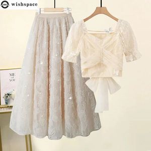 Korean Sweet and Elegant Womens Skirt Set Sexy Lace Chiffon Shirt Tulle Bubble Twopiece Party Dress 240319