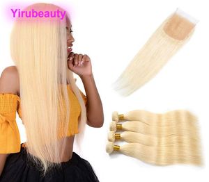 Malaysian Remy Human Hair 613 Blonde Straight 5 Pieces One Set Hair Bundles With 4 By 4 Closure Middle Three Part 613 Color1475039