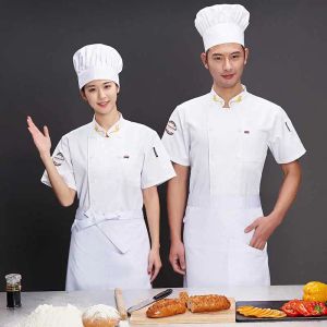 Short Sleeve Chef Service Restaurant Hotel Kitchen Uniform Summer Cooking Clothes Men and Women Stand Collar Cook Wear