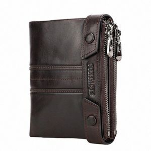 contact's Genuine Leather Men Wallet Double Zippers Design Coin Purse Small Mini Card Holder Wallets Rfid Mey Bag Male Purses r40F#
