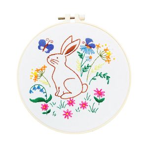 Lovely Rabbit In Garden Embroidery Kit DIY Needlework Houseplant Pattern Needlecraft for Beginner Cross Stitch(Without Hoop)