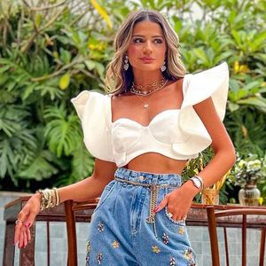 Женские танки Camis Elegant Ruffled Women Top Top Top Solid Blue Sweet Style Slim Fit Club Party White Funt Summer Womens Tank Top J240409