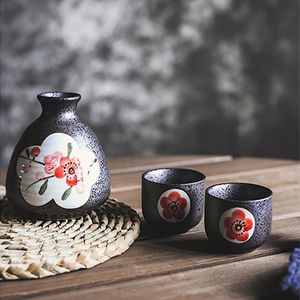 Seramik şarap seti içecek japon japon yaratıcı renkte renk kırmızı erik hediye kutusu ev 1 tenceresi 2 su bardağı likör su eşyaları