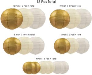 Lanterne di carta per feste decorative 18 pezzi Beige bianco Oro Round Giappone/Cinese Lanterne Papespier per arredamento per esterni per matrimoni