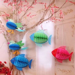 3D Fish Honeycomb Ball Paper Flower Lantern Ball Bird Pompom för födelsedag Baby Shower Festive Event Party Supplies Decorations