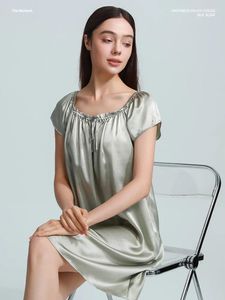 Women's Sleepwear Silk Nightdress Loose Sexy Pajamas Soft Silky 19momme Beige Home Wear Solid Color