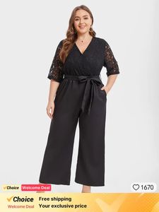 Elegant Jumpsuits Rompers for Women V Neck Half Sleeve Patchwork Belt Contrast Lace Pocket Party Dinner Overalls Clothes 240410