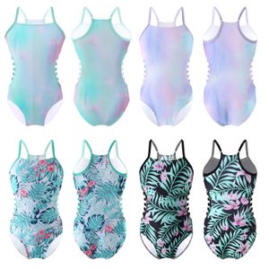 Summer Kids Girls One-Piece Leotard Swimwear Adjustable Straps Hollow Out Side Print Bodysuit For Beach Pool Swimming Bathing