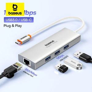 Hubs Baseus USB -nav med 1000 Mbps Ethernet -port 3* USB 3.0 USB -adapter RJ45 LAN USB C -nav för PC MI Box MacBook Laptop Accessories