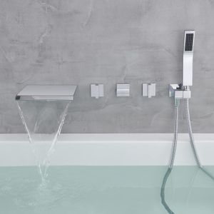 Schwarz/Chrom Wasserfall Römischer Wanne Filterarmatur mit Handdusche, wand montiertes 3 Griff 5 Löcher Badewanne Wasserhahn