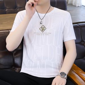 T-shirt de mangas curtas de tendência de verão com diamante de seda de seda gelo tampo meio europeu de mangas, marca da moda, pescoço redondo, camiseta masculina solta