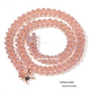 12mm Pink Cuban Chain Iced Out Rhinestone Zinc Alloy Rose Gold Plating Miami Cuban Link Chain Necklace Wholesale Jewelry