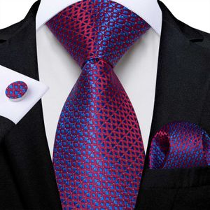 Neck Ties Red and blue plaid 8cm mens silk tie set pocket square cufflink gift set grooms wedding party accessories necklace wholesaleC240410