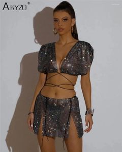 Work Dresses Sparkly Rhinestone Rave Festival Outfits Women Deep V Neck Backless Crop Top With See Through Side Split Mini Skirt 2 Piece Set