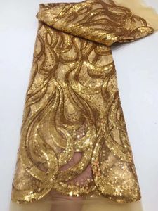 Guld Bästa kvalitet Sequin Lace Fabric Applique Lace Tyg Nigeria Net Lace för bröllopsfest afrikansk fransk tyllspetstyg