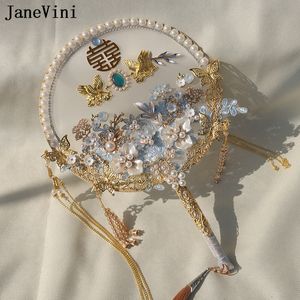 Janevini Luxury Pearl Blue Bridal Fan antico stile cinese Appliqued Gold Crystal Crystal Bride Fan Bouquet Flowers Flowers